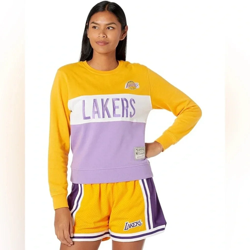 NWT! Mitchell & Ness NBA LA Lakers Colorblock Cropped Sweatshirt, Women’s XL - Picture 1 of 7